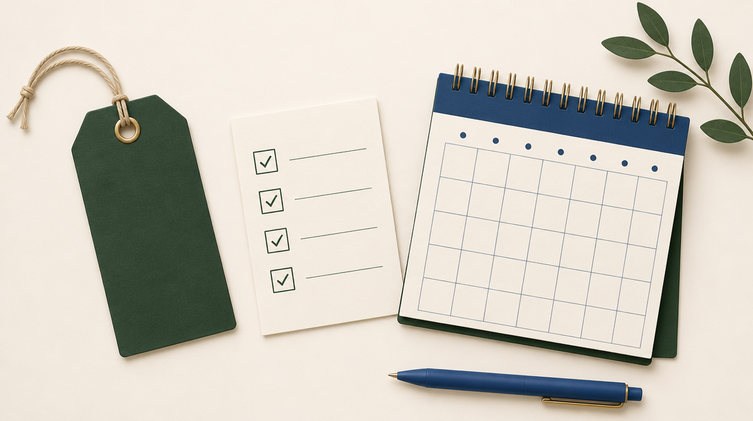Pricing tag, checklist, and calendar representing paid group setup steps